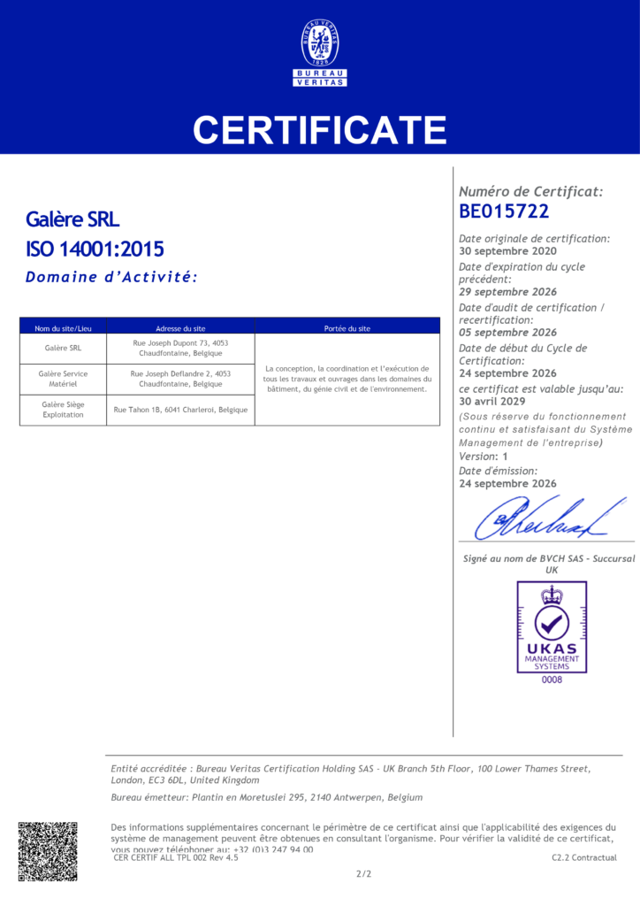 E Certificate Galere SRL BE015722 ISO 14001 FRA 2026 2029 2