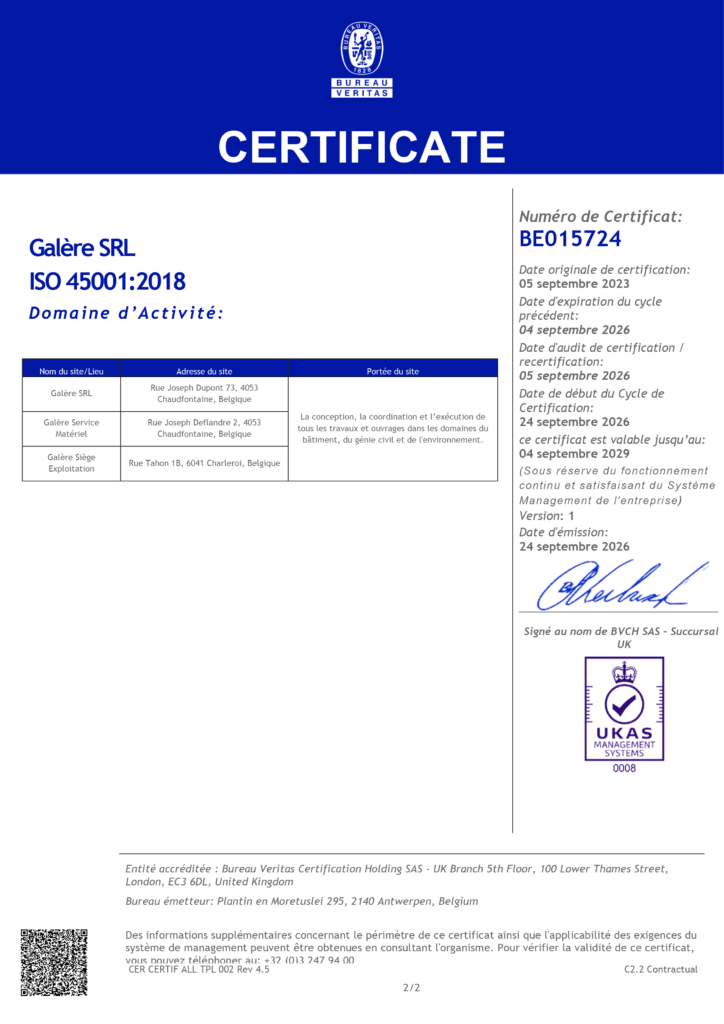 E Certificate Galere SRL BE015724 ISO45001 2026 2029 2